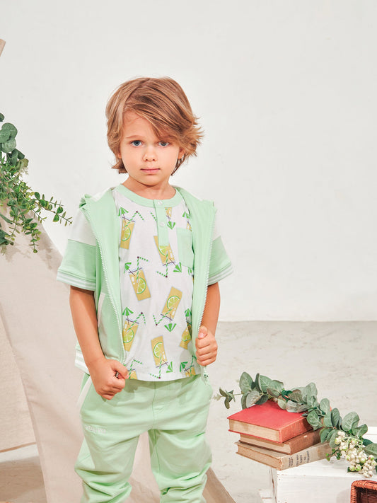 Kid Short Sleeve Logo Embroidery Zipped Hoodie