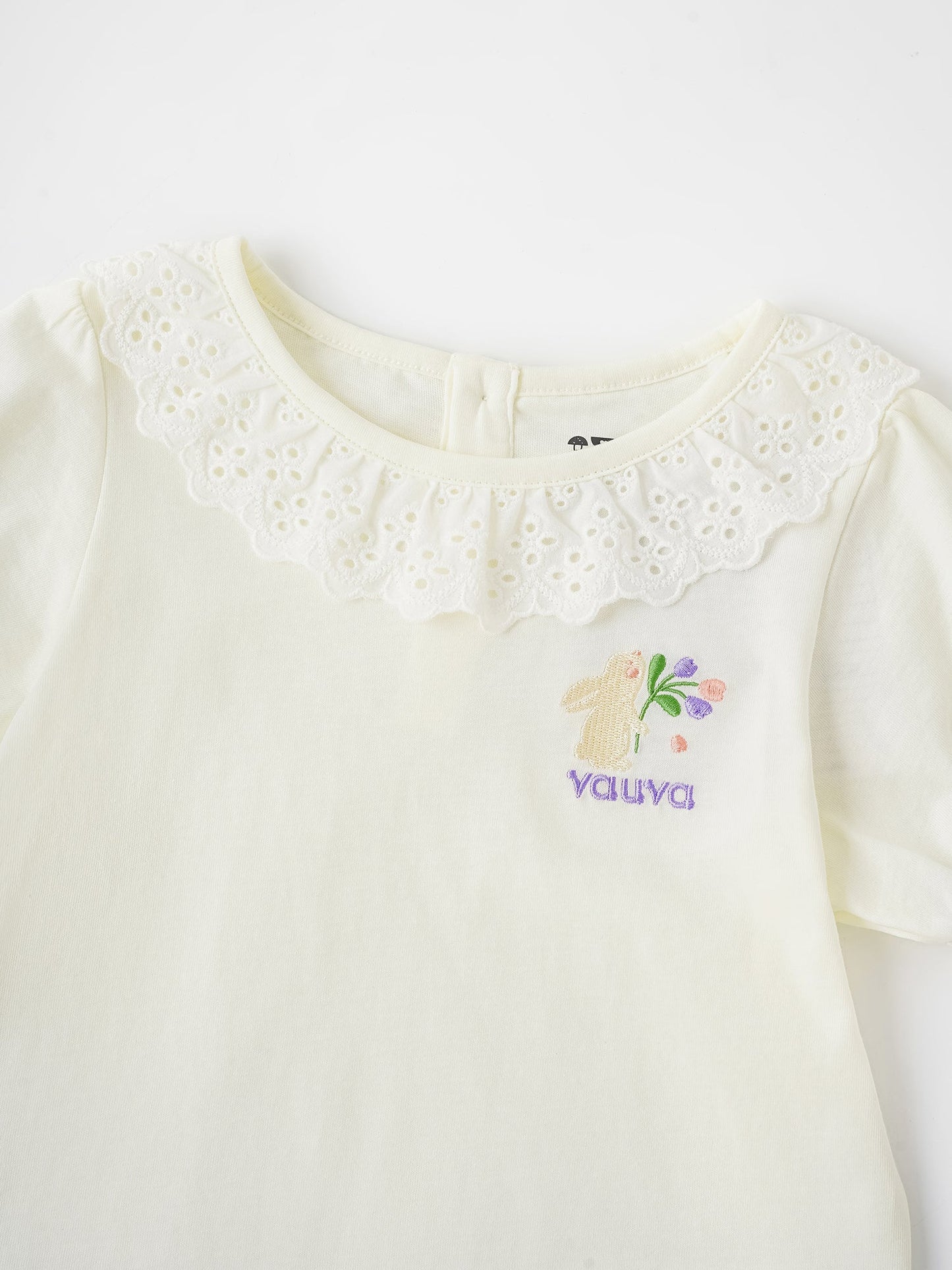 Kid Lace-Trimmed Collar Short Puff Sleeve Bunny Print Tee