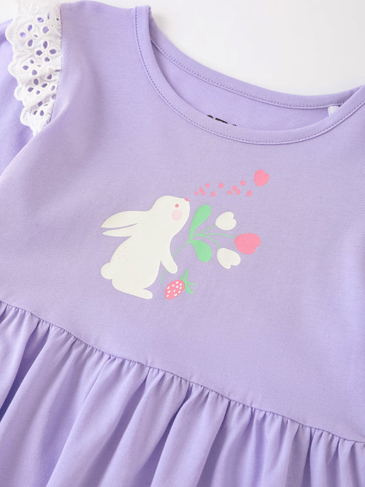Kid Short Sleeve Lace-Trimmed Bunny Print Dress