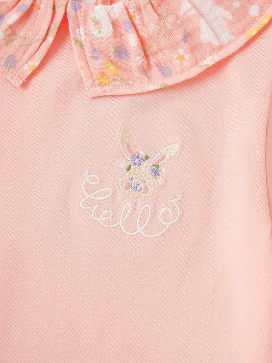 Kid Ruffle Collar Short Sleeve Bunny Print Tee