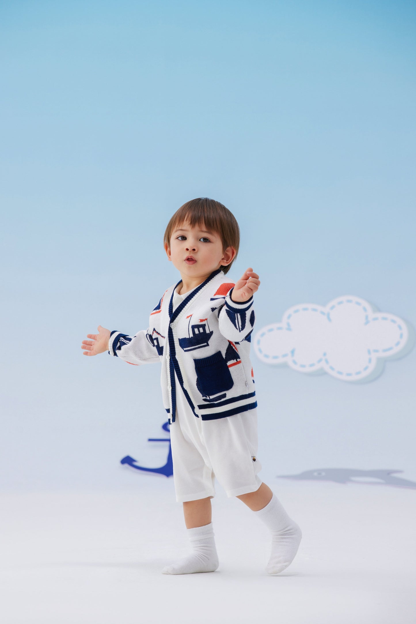 Baby Boy Sail Boat Pattern Long Sleeve Cardigan