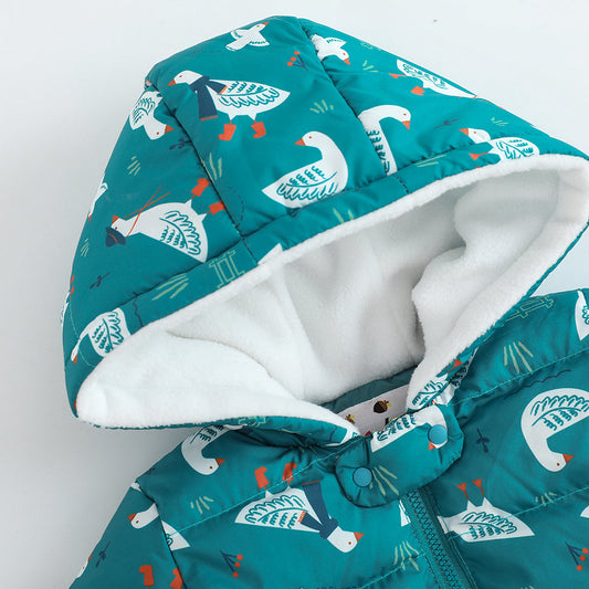 Baby Boy White Goose Print Coat With Hood