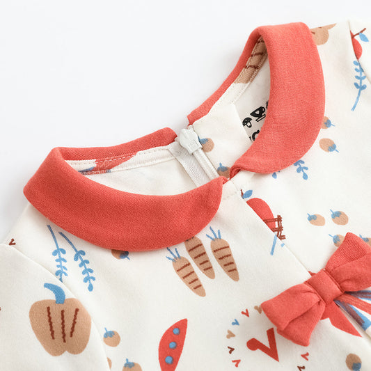 Vauva FW23-女嬰北歐風格的棉花長袖連身褲(白色)