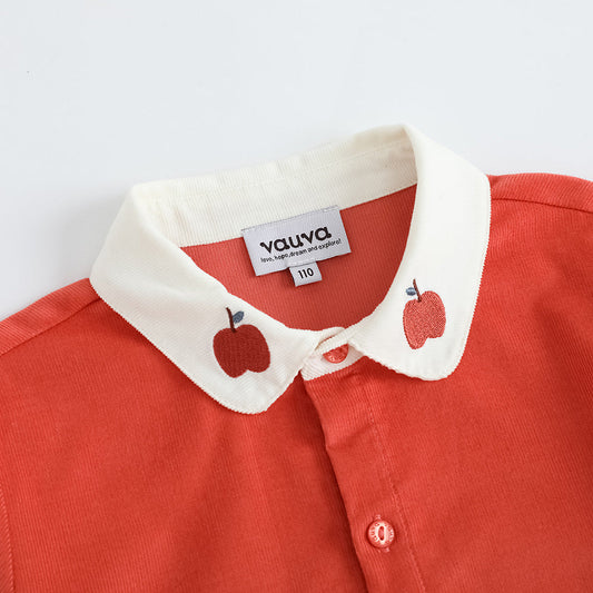 Vauva FW23-女孩紅蘋果刺繡衣領長袖襯衫