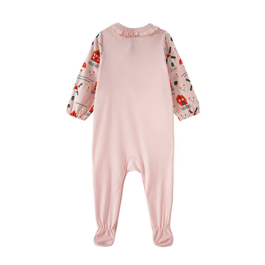 Vauva FW23-女嬰北歐風格的印刷棉袖子連身褲(粉紅色)