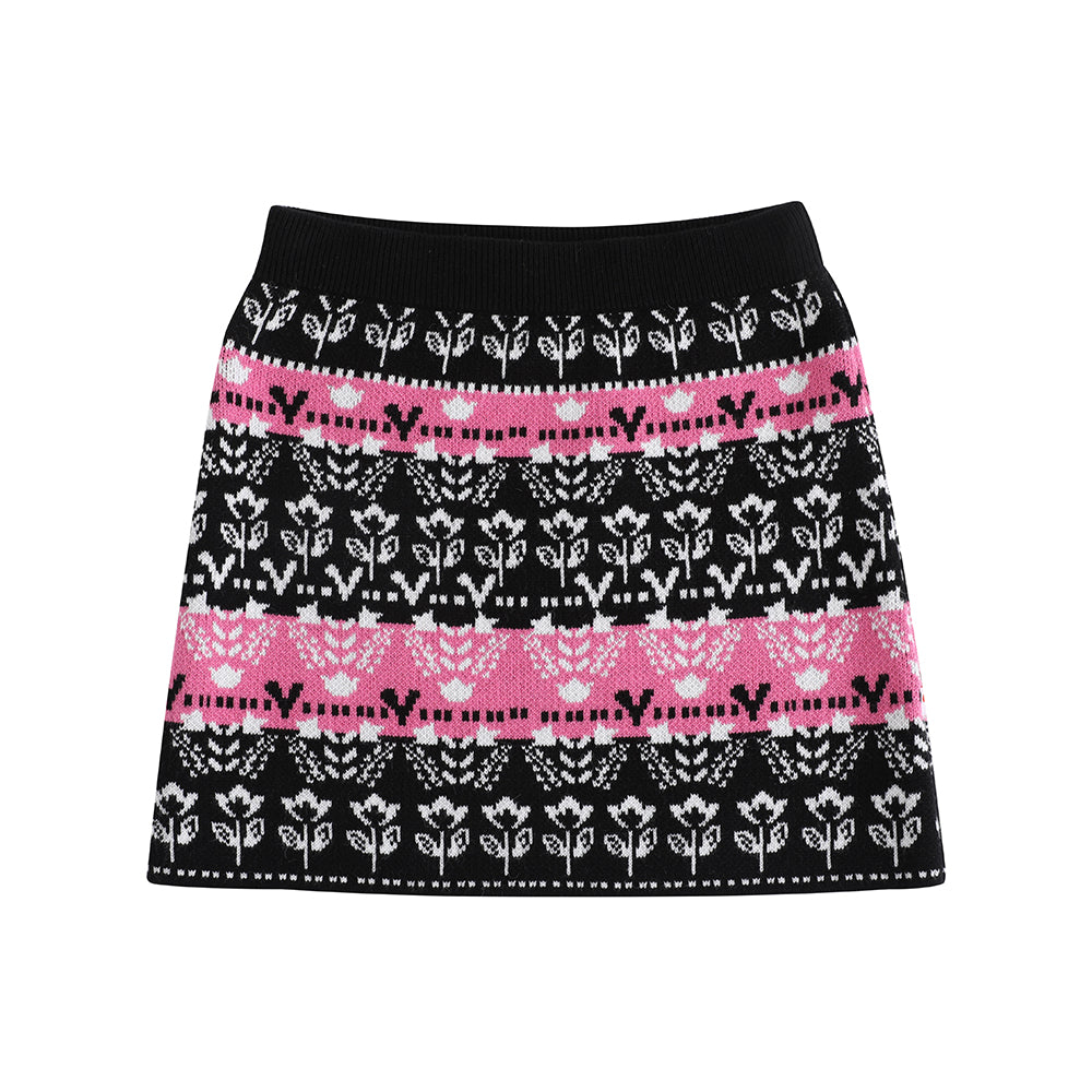 Girls Black Printed Sweater Skirt