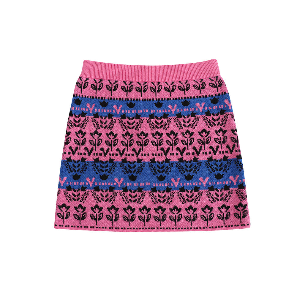 Girls Pink Printed Sweater Skirt