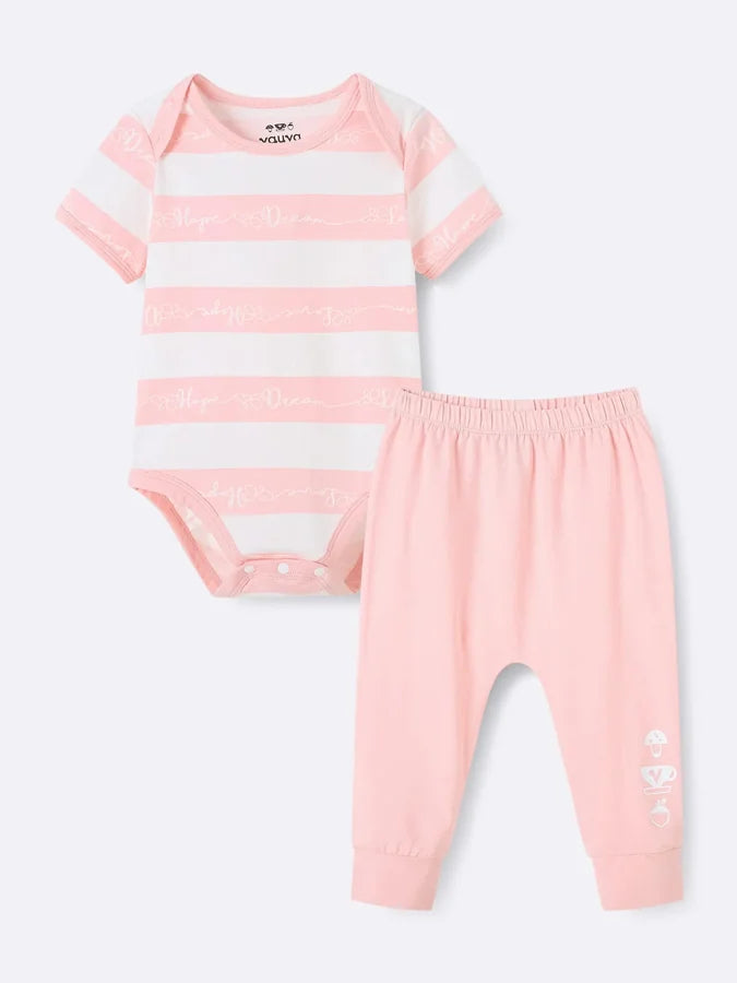 Baby Short Sleeve Stripes Bodysuit And Leggings Set, Pink