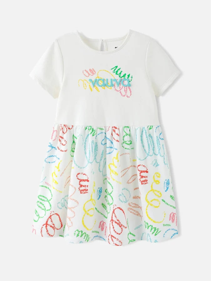 Girls Short Sleeves Two-Tone Dress, White / Multicolour