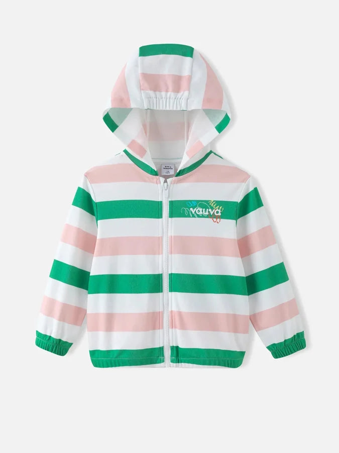 Kids Stripy Hooded Lightweight Jacket, Green / Pink stripes