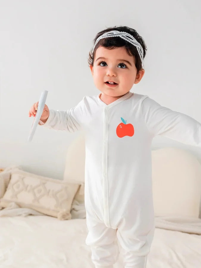 Baby Bamboo Apple Print Long‑Sleeved Romper Set, White