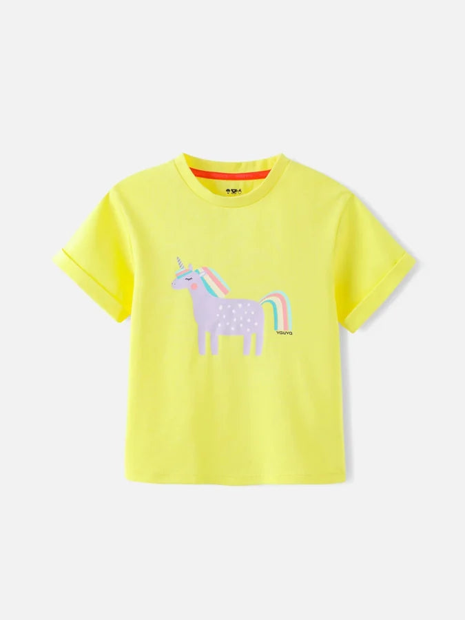 Girls Short Sleeve Unicorn Graphic Tee, Yellow