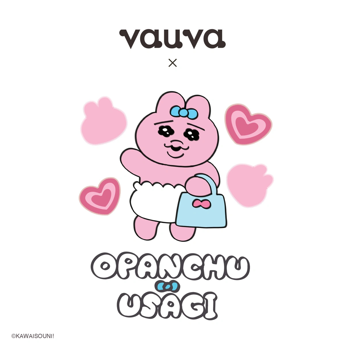 Vauva × Opanchu Usagi graphic featuring the pink rabbit with a blue bow and bag