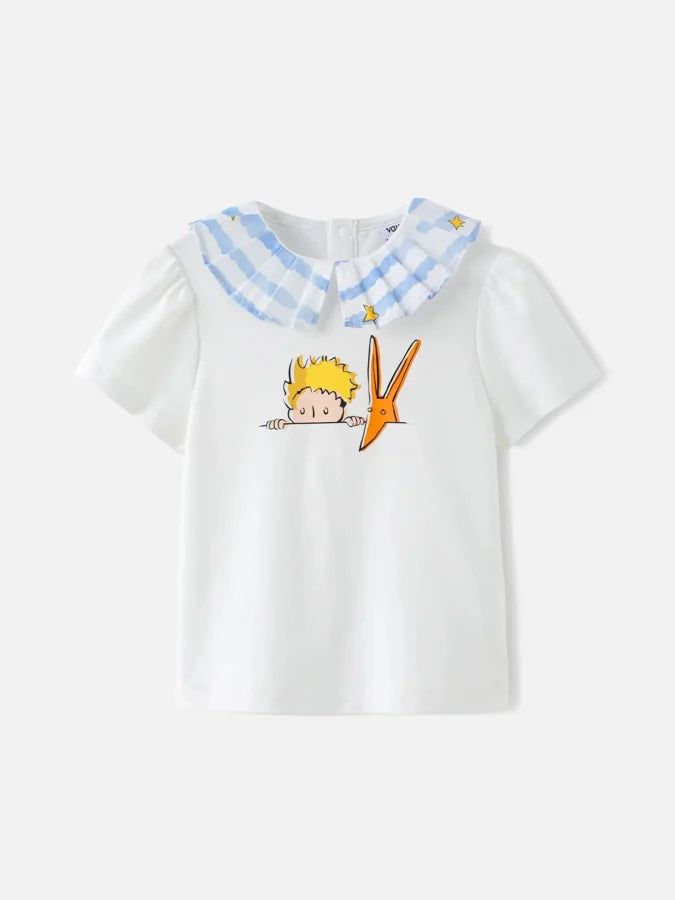 Girls Pleated Collar Print Tee, White