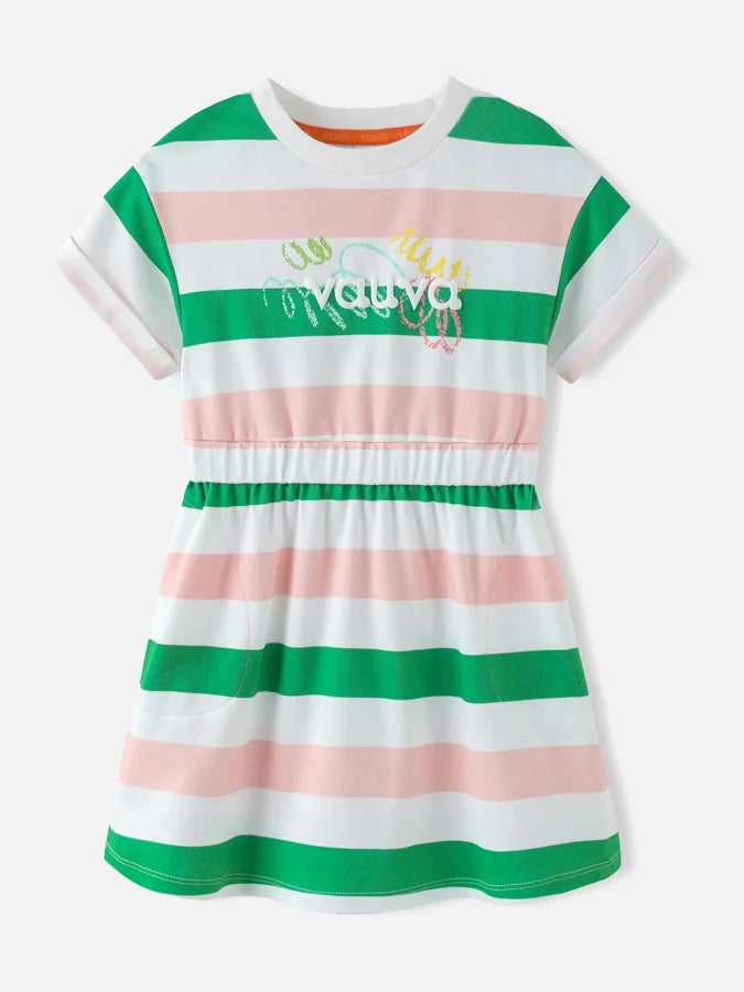 Girls Stripy Short Sleeves Dress, Green / Pink stripes