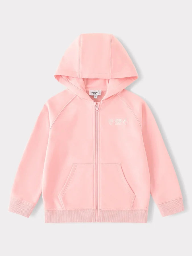 Kid Long Sleeve Embroidery Zipped Hoodie, Pink