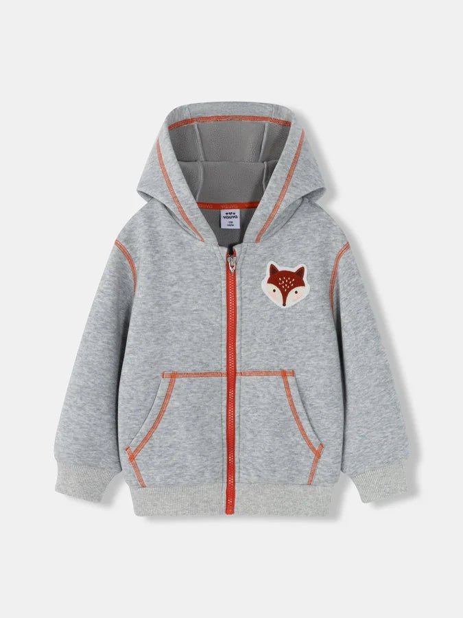 Kids Fox Patch Fleece-Lined Zip-Up Jackets, Grey