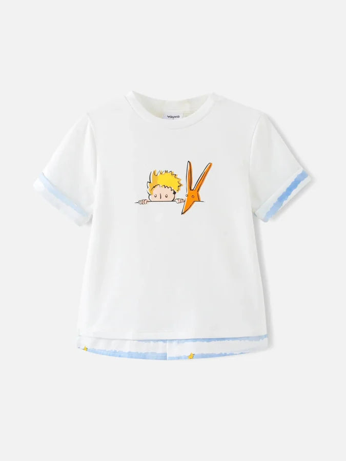 Boys Two Tone Print Tee, White + Blue
