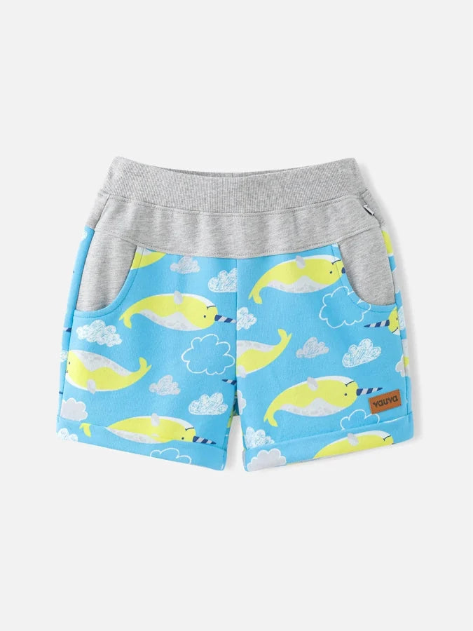 Boys Allover Narwhal Print Shorts, Blue / Multicolour
