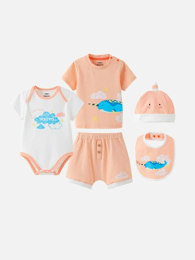 Baby Narwhal Print Organic Cotton Set, Peach