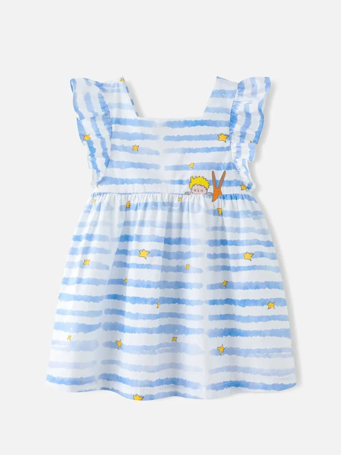 Girls Stripy Ruffle Dress, Blue / White / Yellow
