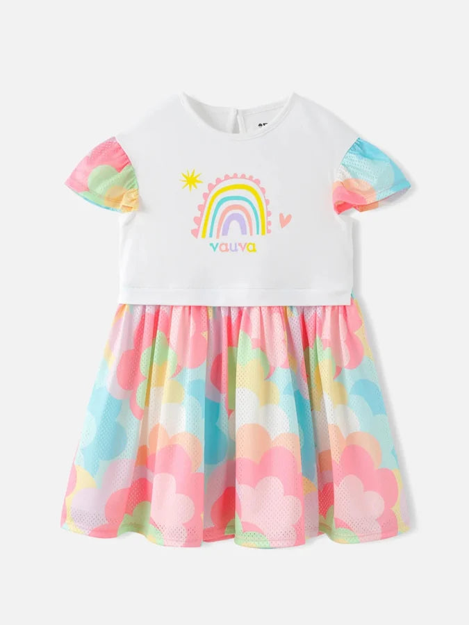 Girls Two-Tone Flare Dress, Pink / Multicolour