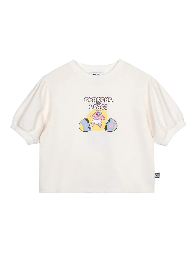 Puff‑Sleeve Egg Pop Graphic T‑Shirt, White