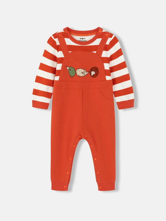 Baby Boys Hedgehog Print Embroidered Dungaree Bodysuit, Red stripes