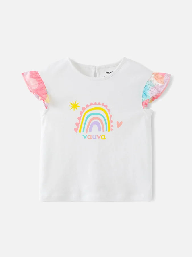 Girls Ruffle Sleeve Rainbow Graphic Tee, White