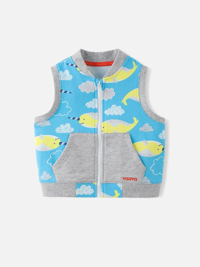 Baby Boys Allover Narwhal Print Gilet, Blue / Multicolour