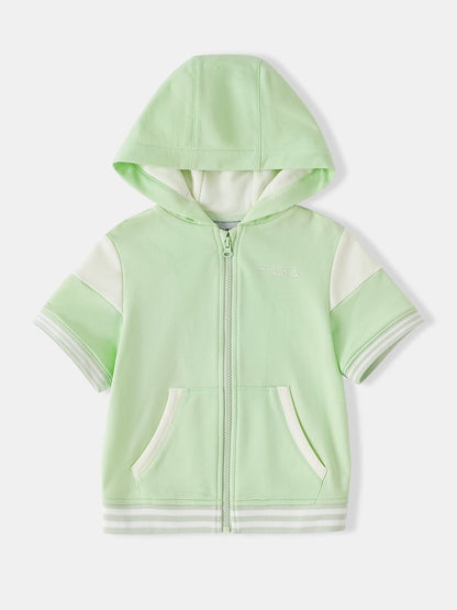 Kid Short Sleeve Logo Embroidery Zipped Hoodie