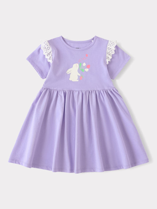 Kid Short Sleeve Lace-Trimmed Bunny Print Dress