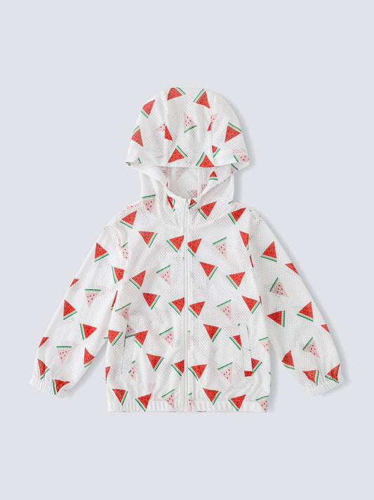Kid All-Over Watermelon Print Mesh Hooded Zipped Jacket