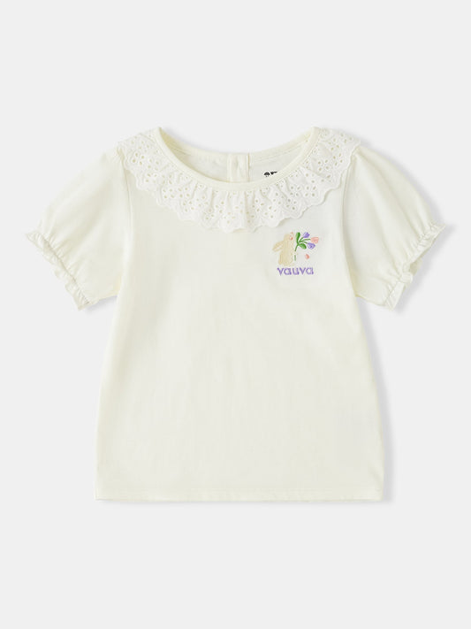 Kid Lace-Trimmed Collar Short Puff Sleeve Bunny Print Tee