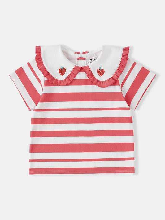 Kid Puritan Collar Short Sleeve Stripe Print Top