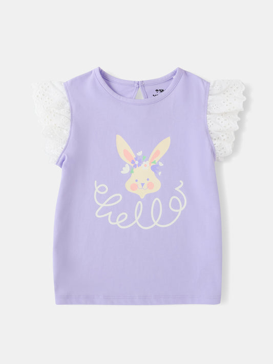 Kid Lace Cap Sleeve Bunny Print Tee