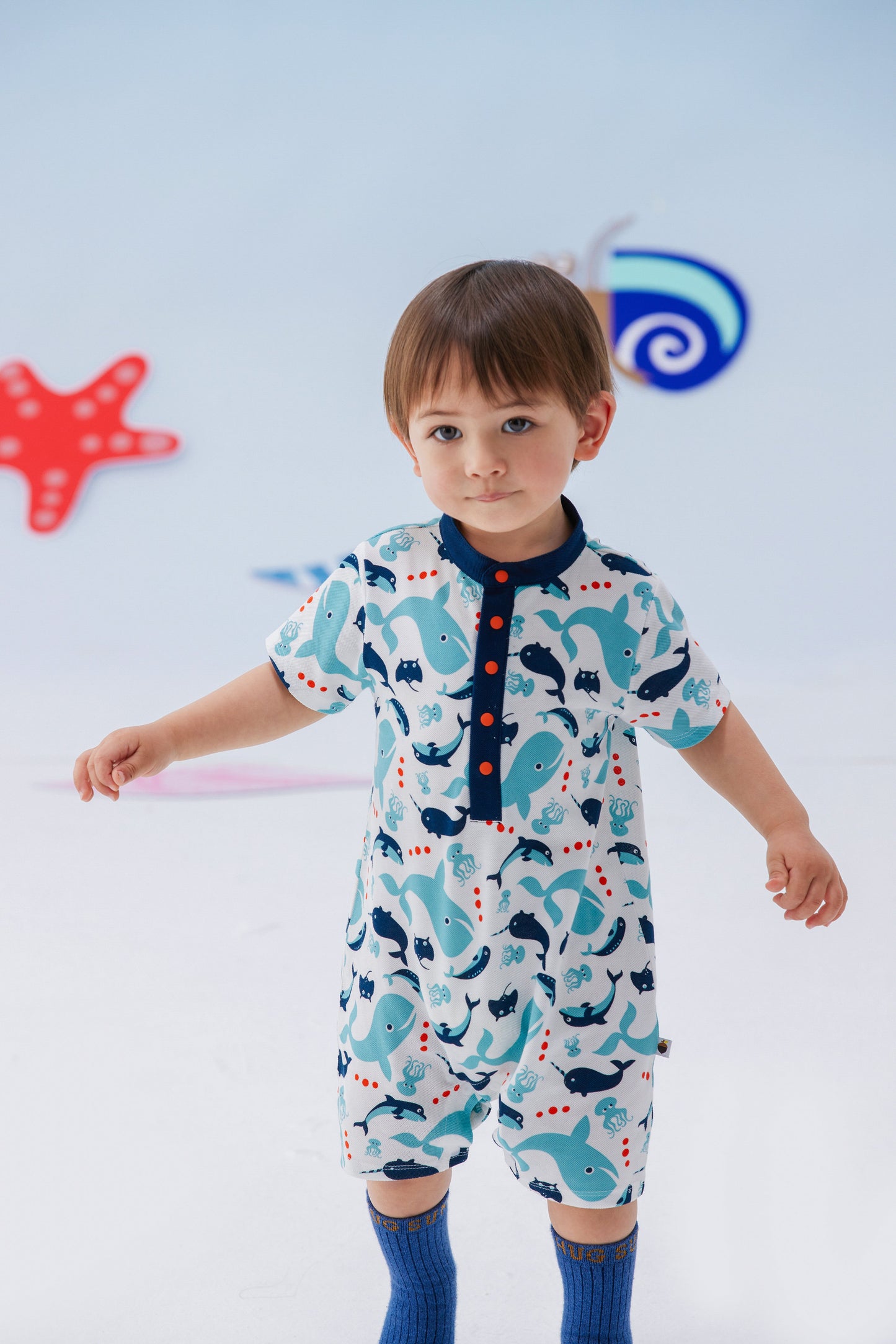Baby Boy Short Sleeves Whale Printed Romper