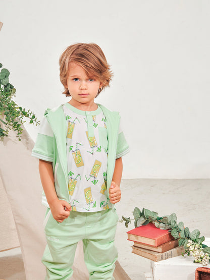 Kid Short Sleeve Logo Embroidery Zipped Hoodie