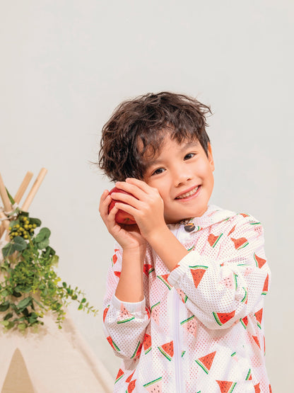 Kid All-Over Watermelon Print Mesh Hooded Zipped Jacket