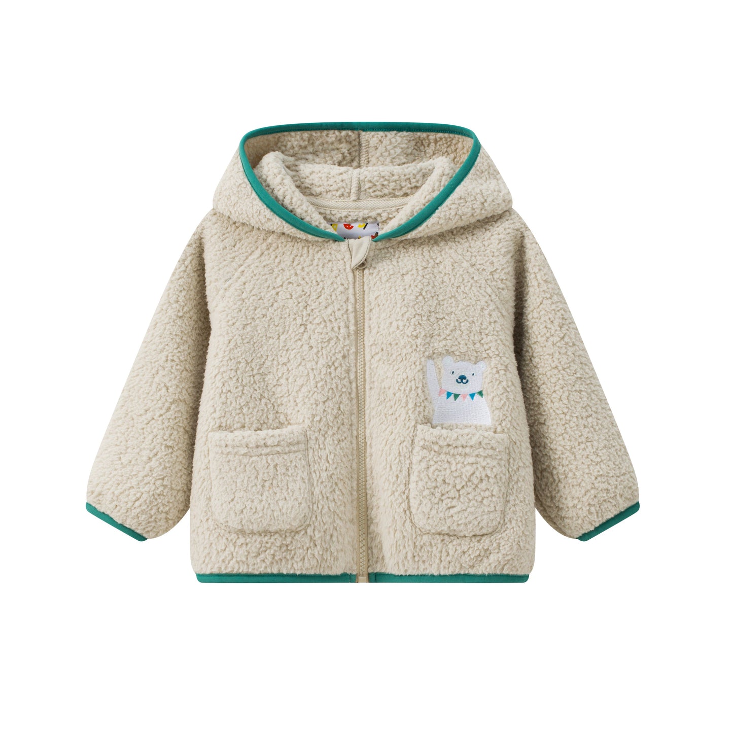 Bear-Embroidered Hooded Teddy Jacket
