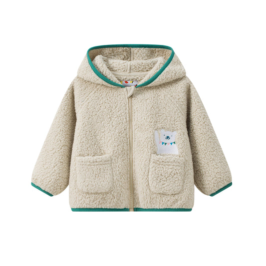 Bear-Embroidered Hooded Teddy Jacket