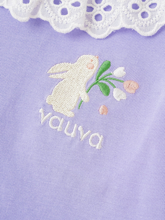 Kid Lace-Trimmed Collar Short Puff Sleeve Bunny Print Tee