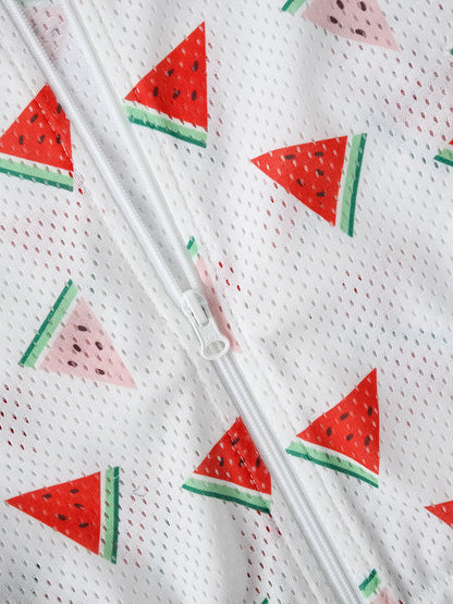 Kid All-Over Watermelon Print Mesh Hooded Zipped Jacket