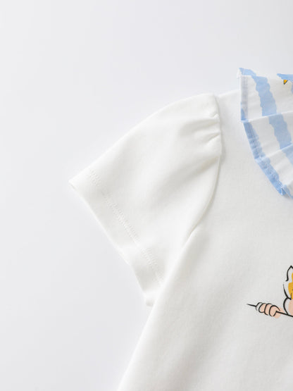 Girls Pleated Collar Print Tee