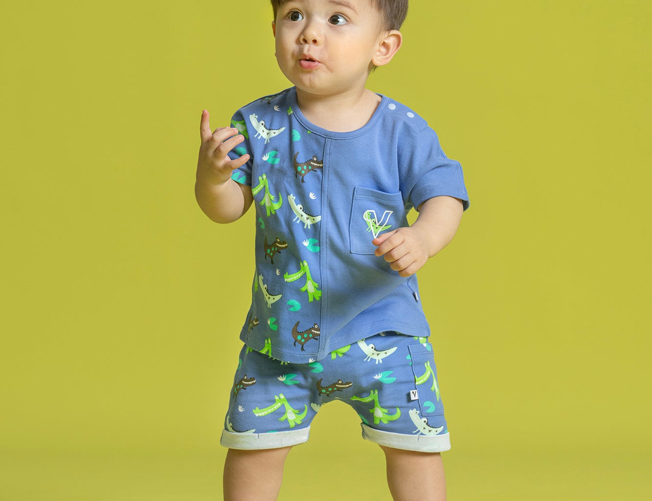 Baby Boys Crocodile Print Patchwork Cotton Short Sleeve T-Shirt
