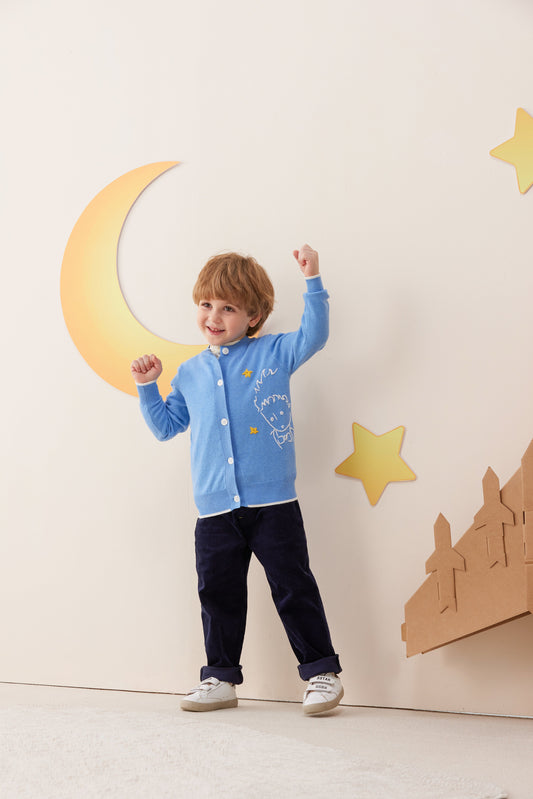 Vauva x Le Petit Prince - Kids Cashmere Cardigan (Blue)-model image front