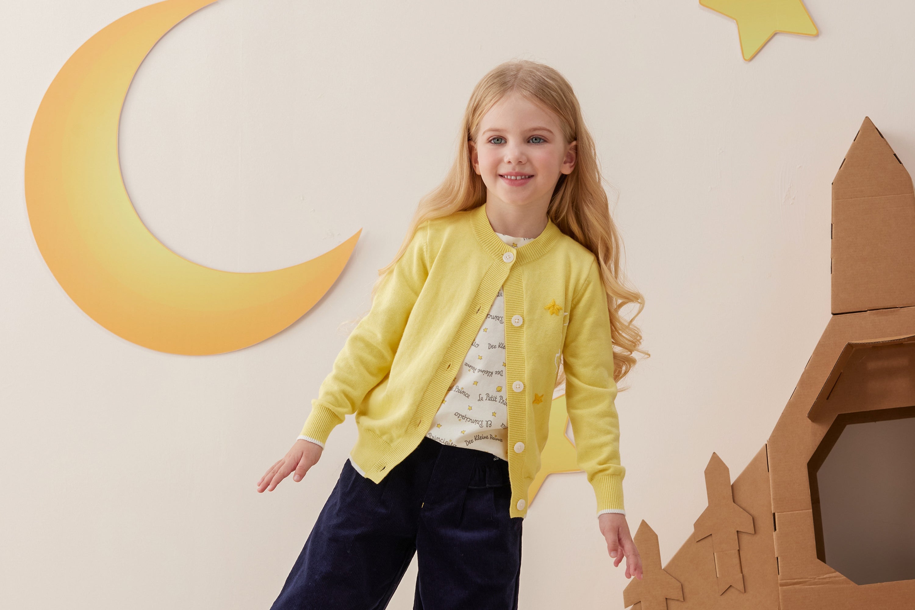 Vauva x Le Petit Prince - Kids Cashmere Cardigan (Yellow)-model image front