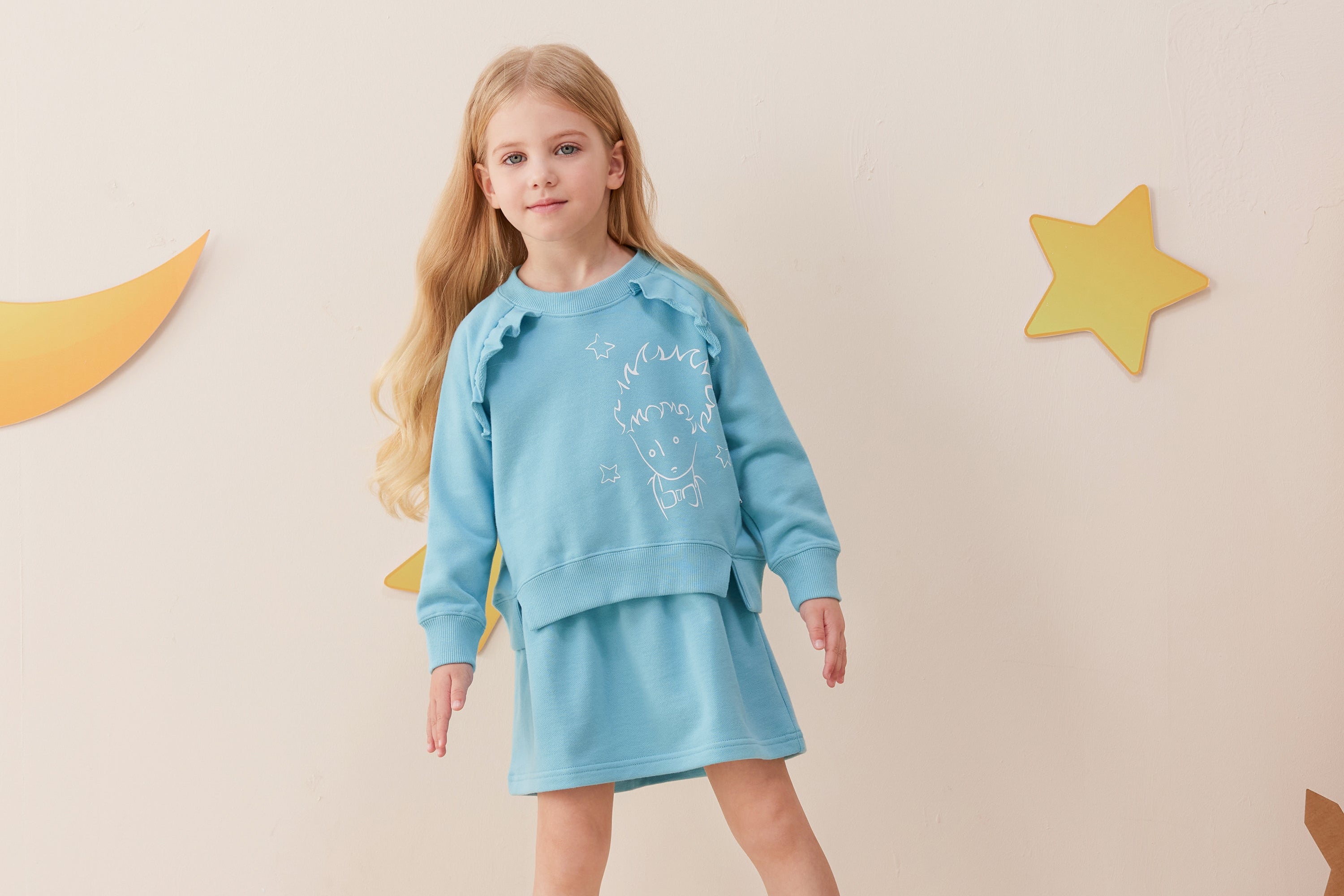 Vauva x Le Petit Prince - Girls Sweater & Dress (2 piece Set/Blue) model sweater front