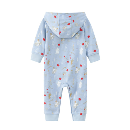 Vauva X Moomin FW23-男嬰Moomin遍布印刷棉帽長袖連身褲（藍色）