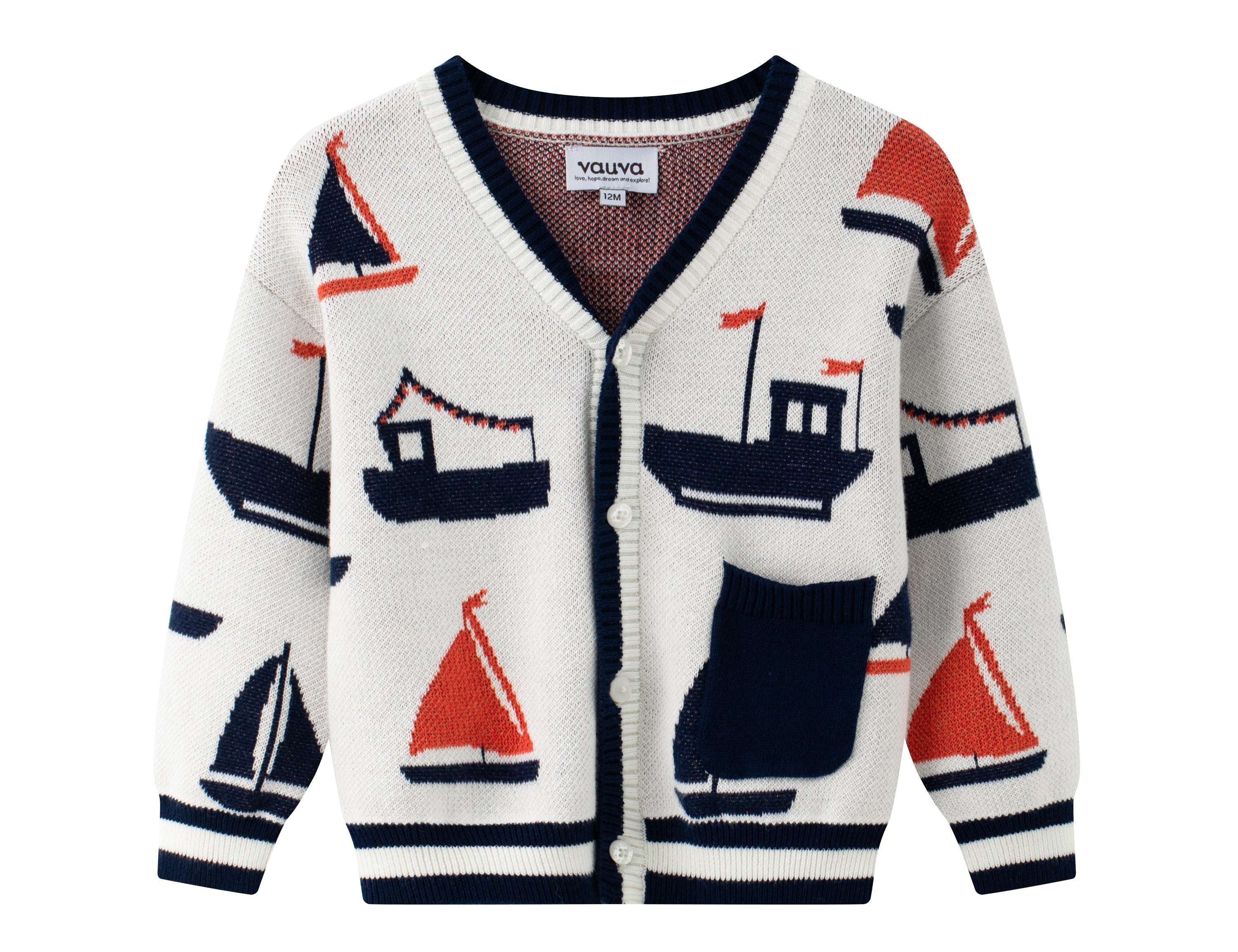Vauva SS24 - Baby Boy Sailing Pattern Long Sleeve Cardigan (White) - Product 1